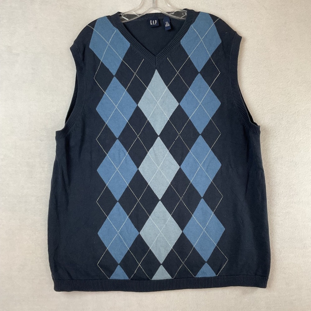 Vintage GAP Mens XXL Argyle Sweater Vest Navy Blue V-Neck Cotton Hong Kong Y2K